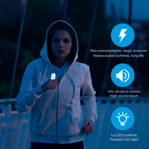 Allarme SOS personale con luce LED brillante e suono di 130dB. 2 batterie AAA incluse e attivazione rapida tirando l'anello.