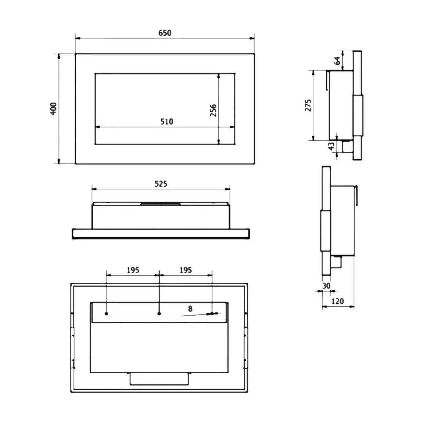 Pisa - Camino a bioetanolo da parete o incasso 65x12xH40 cm