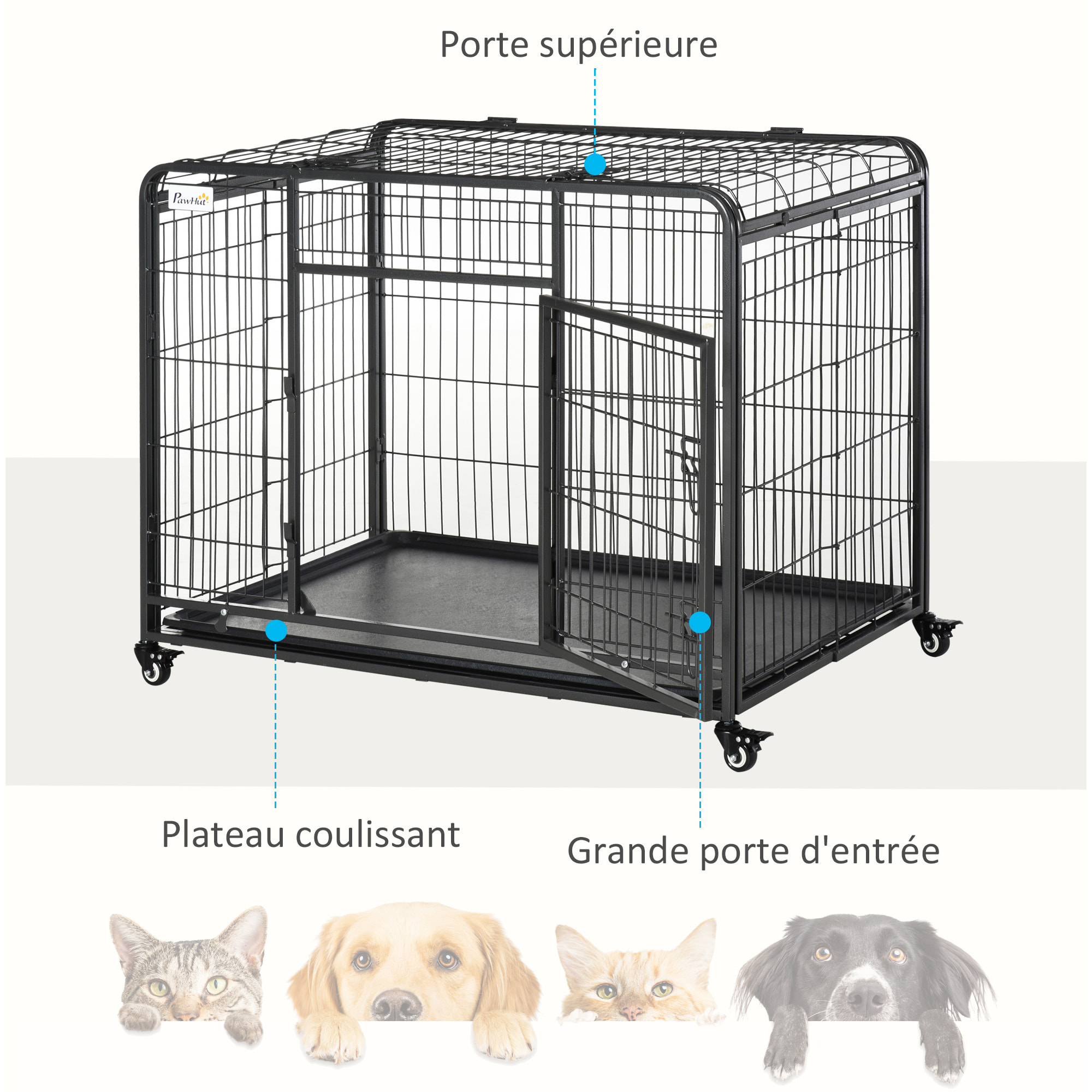 Cage pour chien pliable cage de transport sur roulettes 2 portes verrouillables plateau amovible dim. 109,5L x 71l x 78H cm métal gris noir