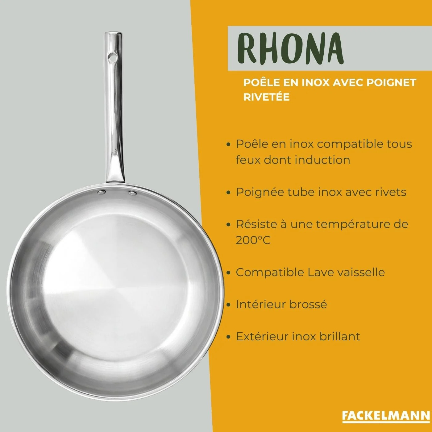 Poêle à frire inox 24 cm et couvercle de cuisson en verre Fackelmann Rhona