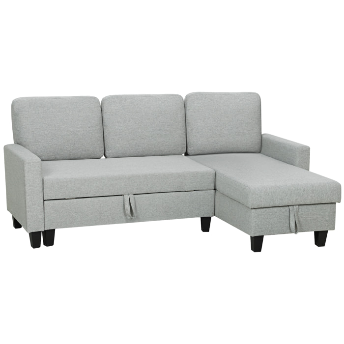 Sofá Cama Chaise Longue de 3 Plazas, Chaise Longue Reversible Ambos Lados con Almacenaje, Sofá Cama Esquinero Desplegable con Fundas de Cojines Removibles, Tapizado en Lino, para Salón, Gris