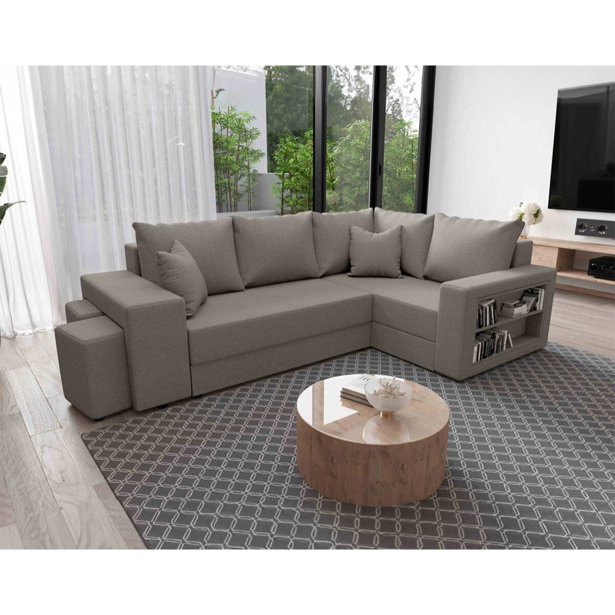 Libbie - Canapé d'angle droit 4 places convertible avec coffre, étagère et poufs en tissu - Gris
