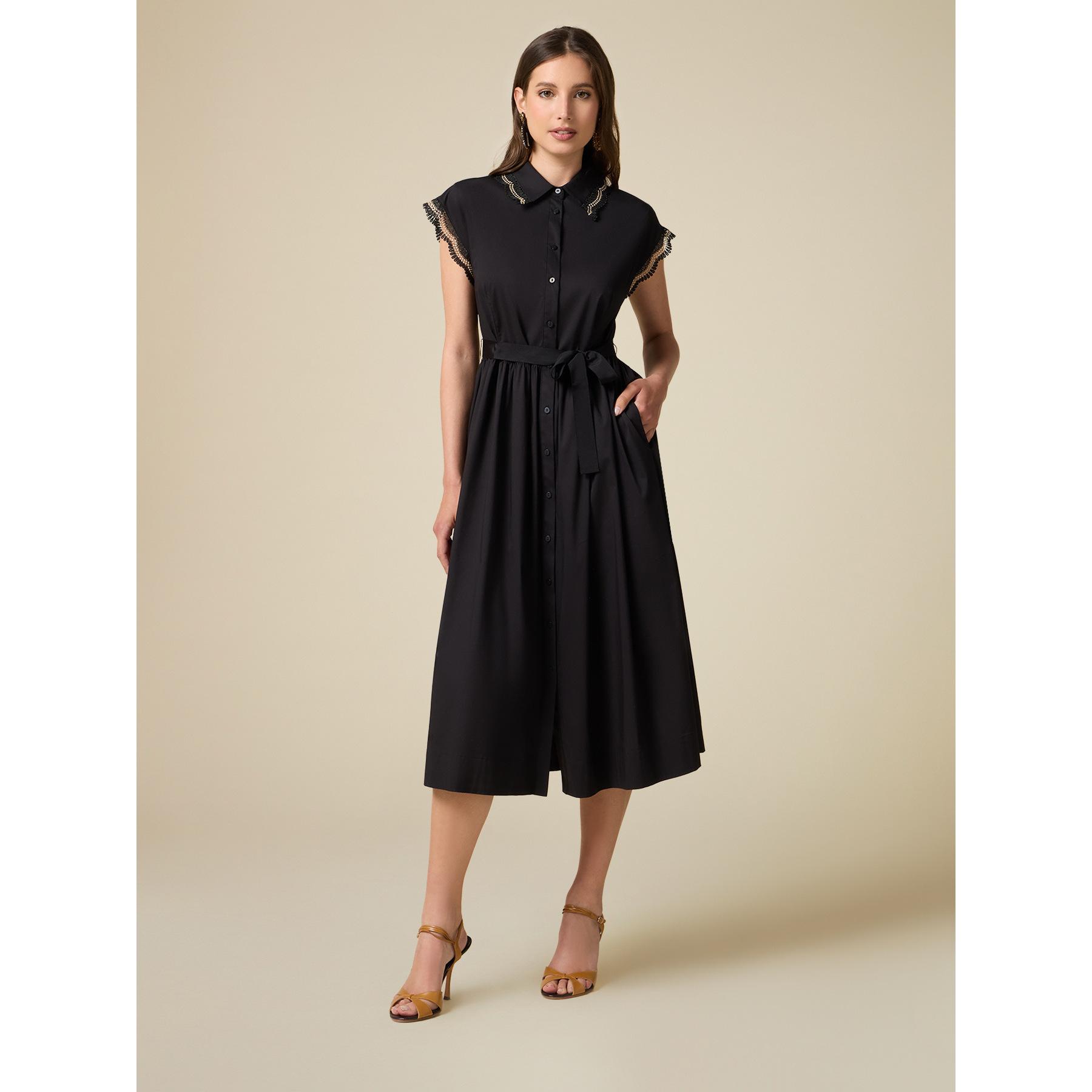 Oltre - Vestido camisero con detalles de macramé - Negro