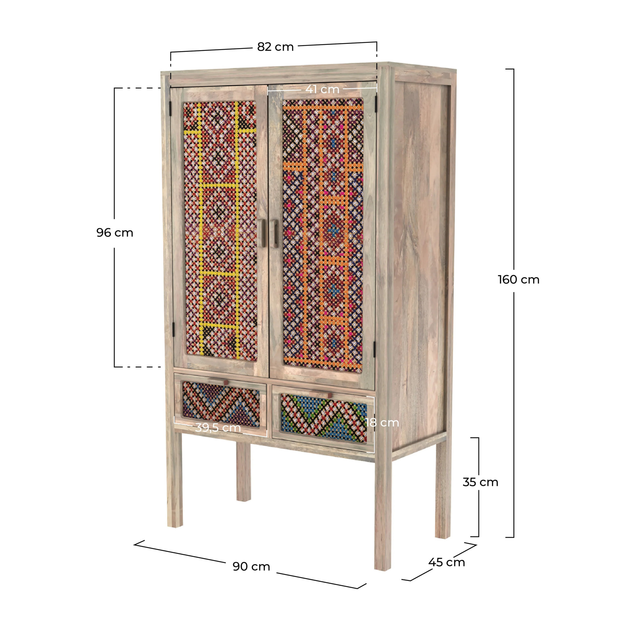 Armoire 2 portes 2 tiroirs en manguier et cannage coloré - Massaï