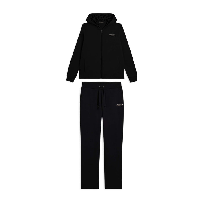 Tuta con interno cappuccio animalier e spacchi laterali