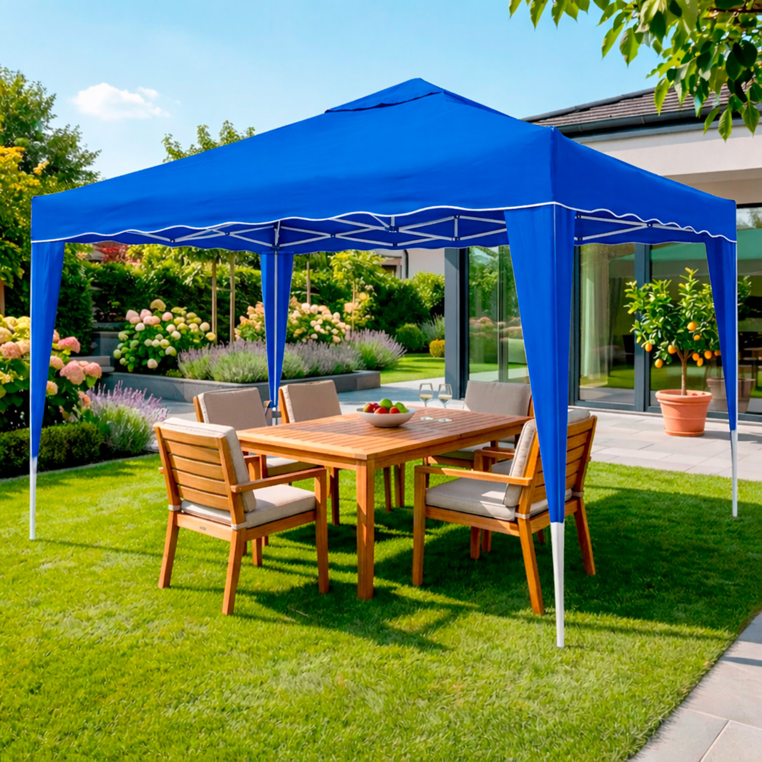 Gazebo Pieghevole 3x4 M in Acciaio con Telo Idrorepellente 160 g/m² Anti-UV Struttura Robusta Apertura Rapida a Fisarmonica con Borsa e 4 Sacche Blu