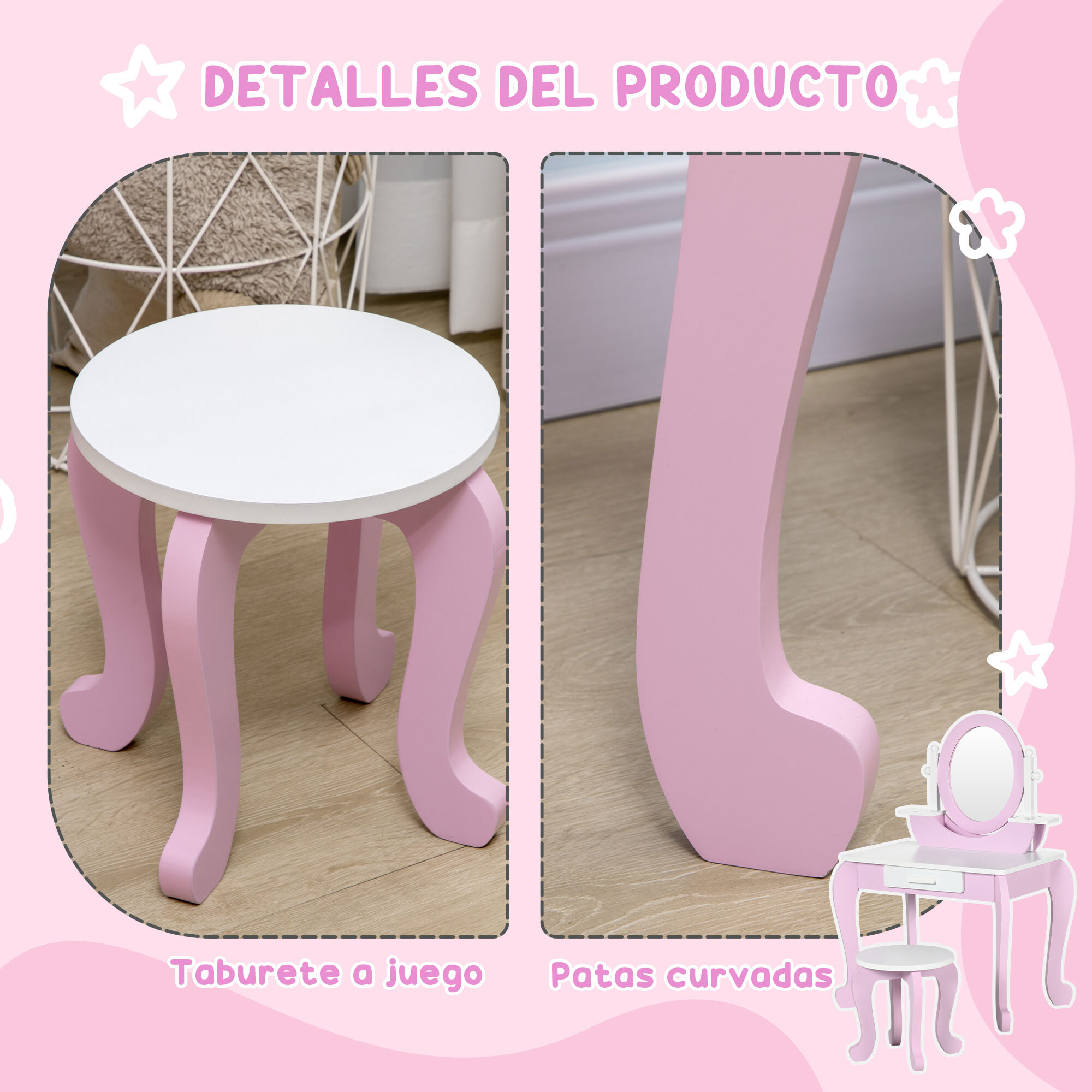 Tocador para Niñas de 3-6 Años con Taburete Espejo y Cajón 65,5x46x93 cm Rosa