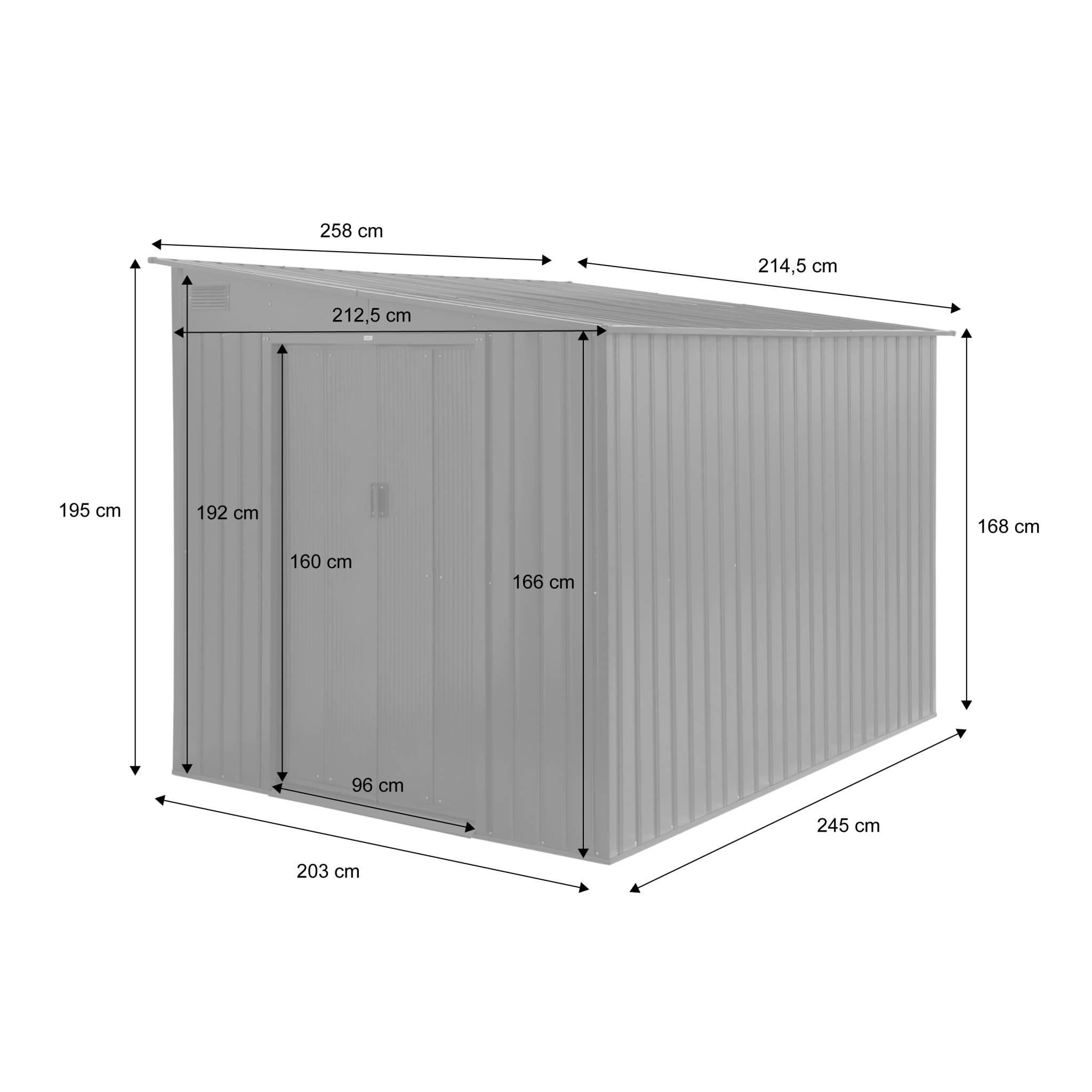 Abri de jardin acier 5.5m² avec kit d'ancrage anthracite L 212.5 x l 258 x H 195cm - Lome