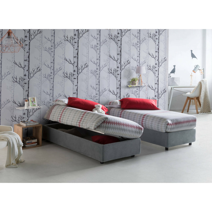 Letto singolo Abbi, Letto contenitore con rivestimento in tessuto, 100% Made in Italy, Apertura laterale, con materasso Cm 80x190 incluso, Grigio