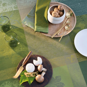 Nappe pur coton motif jacquard vert Mille bois d'automne mousse