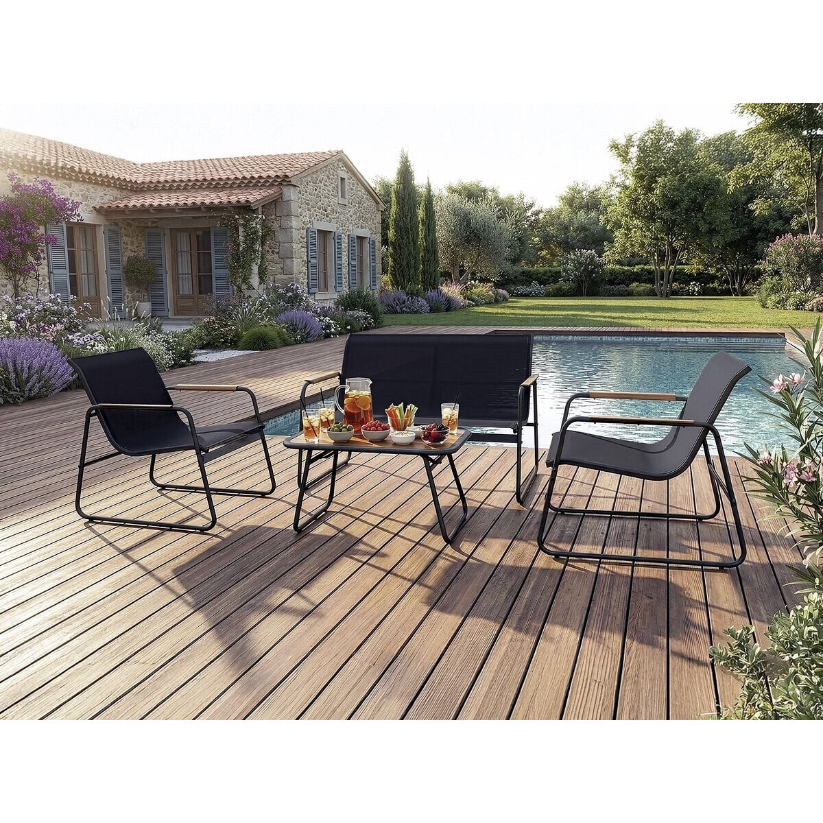 Salon de jardin en métal avec décor imitation bois "Sparta" - 4 places - Noir