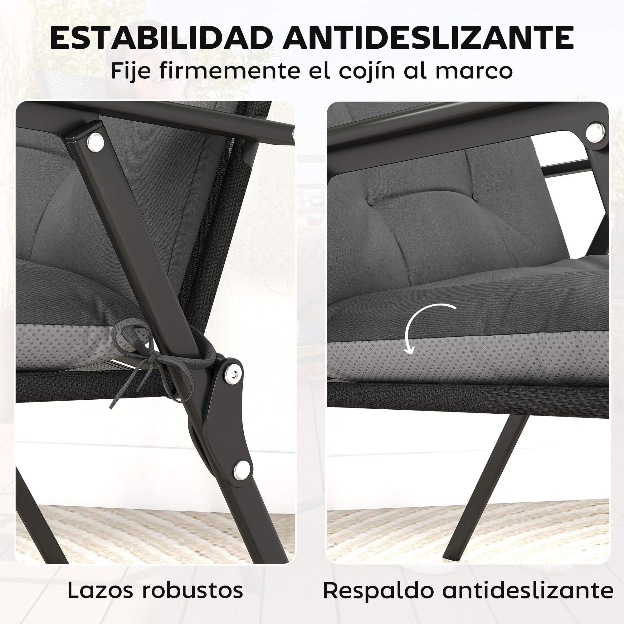Set de 4 Cojines para Sillas, Cojines para Jardín, Colchones de Banco con Respaldo, Correas, Impermeables y Antideslizantes, para Interior y Exterior 112x53x8 cm, Gris Oscuro