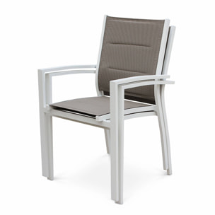 Lot de 2 fauteuils Chicago - Aluminium blanc et textilène taupe. empilables