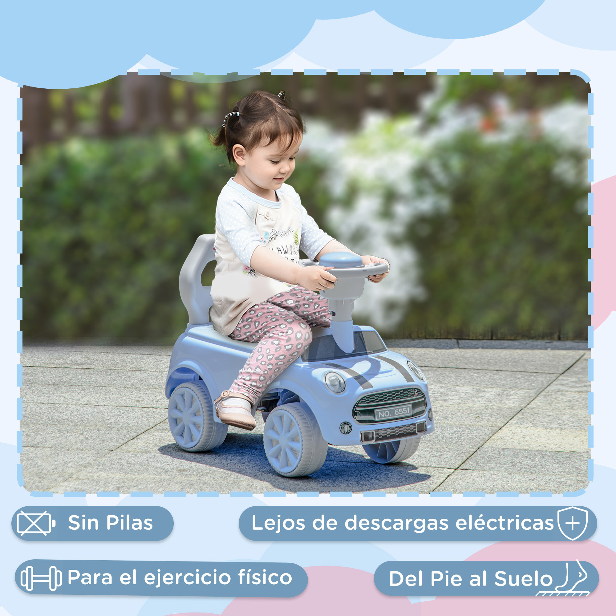 Correpasillos para Bebés de 18 a 36 Meses Coche Correpasillos con Volante Bocina y Sistema de Antivuelco Carga 25 kg 53x25x35 cm Azul Claro