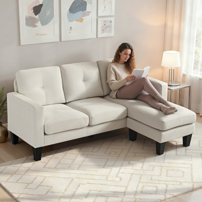 Sofá Chaise Longue Reversible, Sofá de 3 Plazas en Forma de L, Tapizado en Chenilla, Asiento y Respaldo Acolchados, Estructura de Acero, 186x130x84 cm, Blanco Crema