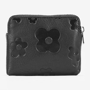 Monedero pequeño negro en piel con flores y cremallera