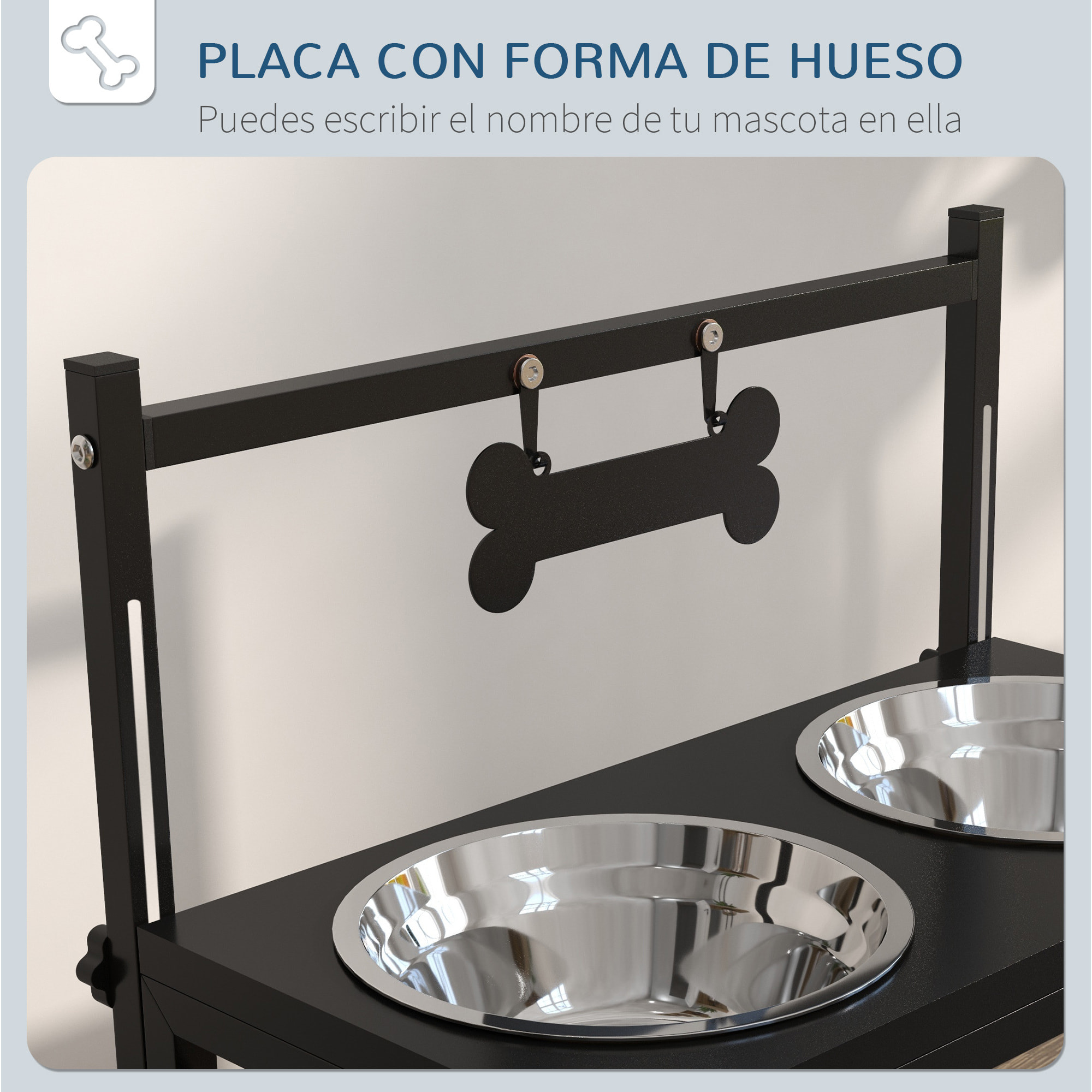 Comedero Elevado para Perros Cuenco para Perros con 2 Tazones de Acero Inoxidable Altura Ajustable y 1 Placa de Metal en Forma de Hueso 40,5x22x39 cm Negro