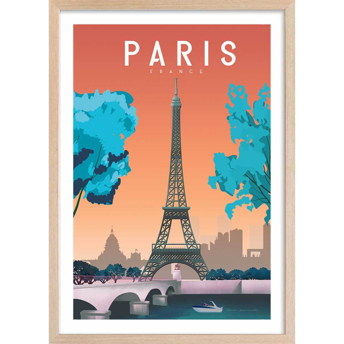 Affiche ville retro Paris France Affiche + cadre en bois - Chêne