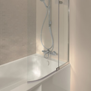 Pack baignoire bain douche 170 x 90 Malice version droite blanc mat + tablier en niche + pare bain + étagère