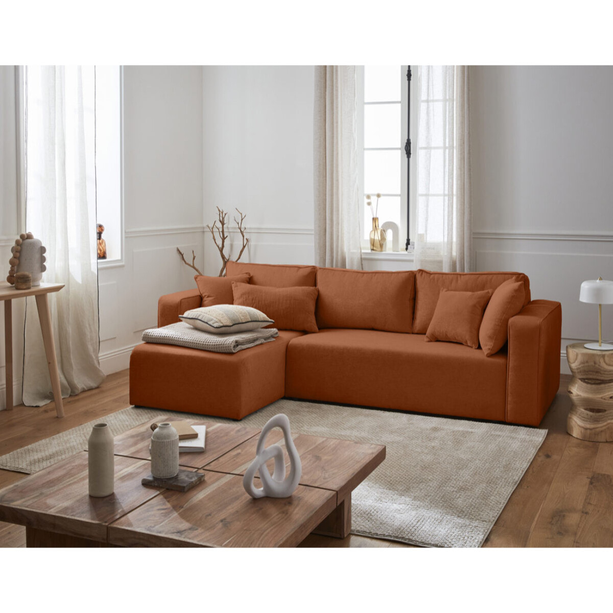 Topaze - canapé d'angle réversible - 4 places - convertible avec coffre - en tissu - Terracotta