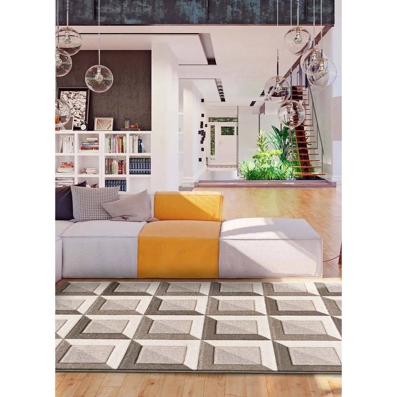 BADET Alfombra geométrica de pelo corto marrón y crema, varias medidas disponibles.