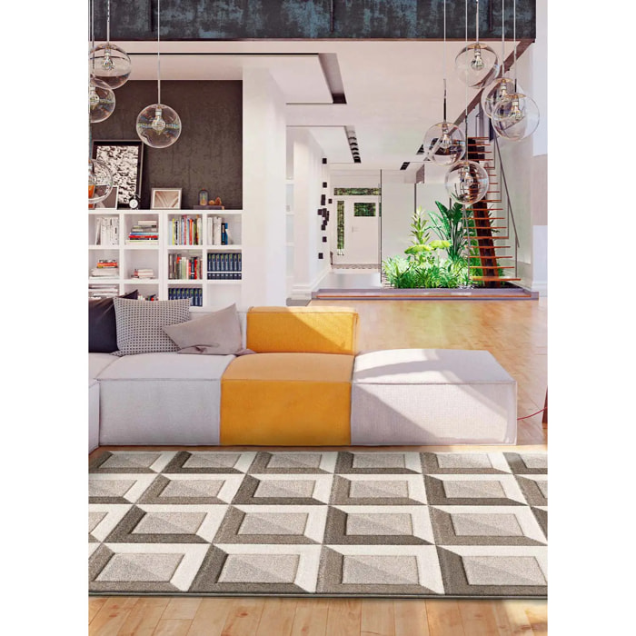 BADET Alfombra geométrica de pelo corto marrón y crema, varias medidas disponibles.