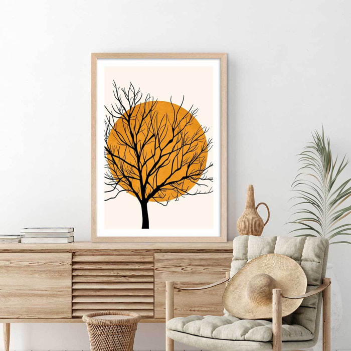 Affiche dessin ""soleil caché"" Affiche + cadre en bois - Chêne