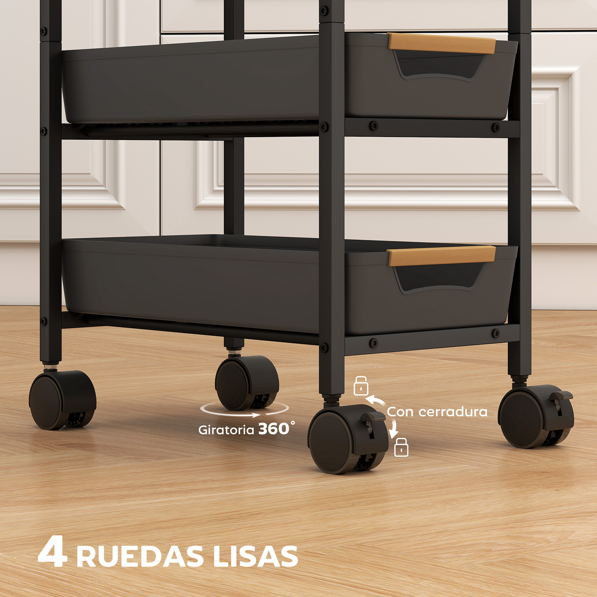 Carro de Cocina de Almacenamiento de 5 Niveles Carrito Auxiliar con Ruedas Tablero Efecto Madera y 4 Cajones Extraíbles Carrito de Cocina para Comedor Salón 39,5x24x82 cm Negro