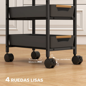 Carro de Cocina de Almacenamiento de 5 Niveles Carrito Auxiliar con Ruedas Tablero Efecto Madera y 4 Cajones Extraíbles Carrito de Cocina para Comedor Salón 39,5x24x82 cm Negro