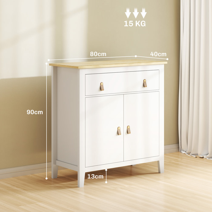 Buffet 2 portes étagère tiroir poignées lanières aspect cuir dim. 80 x 40 x 90 cm blanc effet bois clair