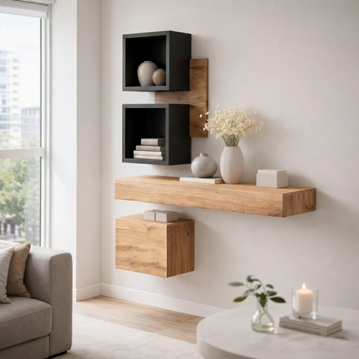 Mobile Ingresso Moderno Con Pensili A Giorno Mensole Sospese Con Cassetto E Anta Salvaspazio Design Nordico 100 x 170 x 30 Cm Nero E Rovere