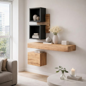 Mobile Ingresso Moderno Con Pensili A Giorno Mensole Sospese Con Cassetto E Anta Salvaspazio Design Nordico 100 x 170 x 30 Cm Nero E Rovere