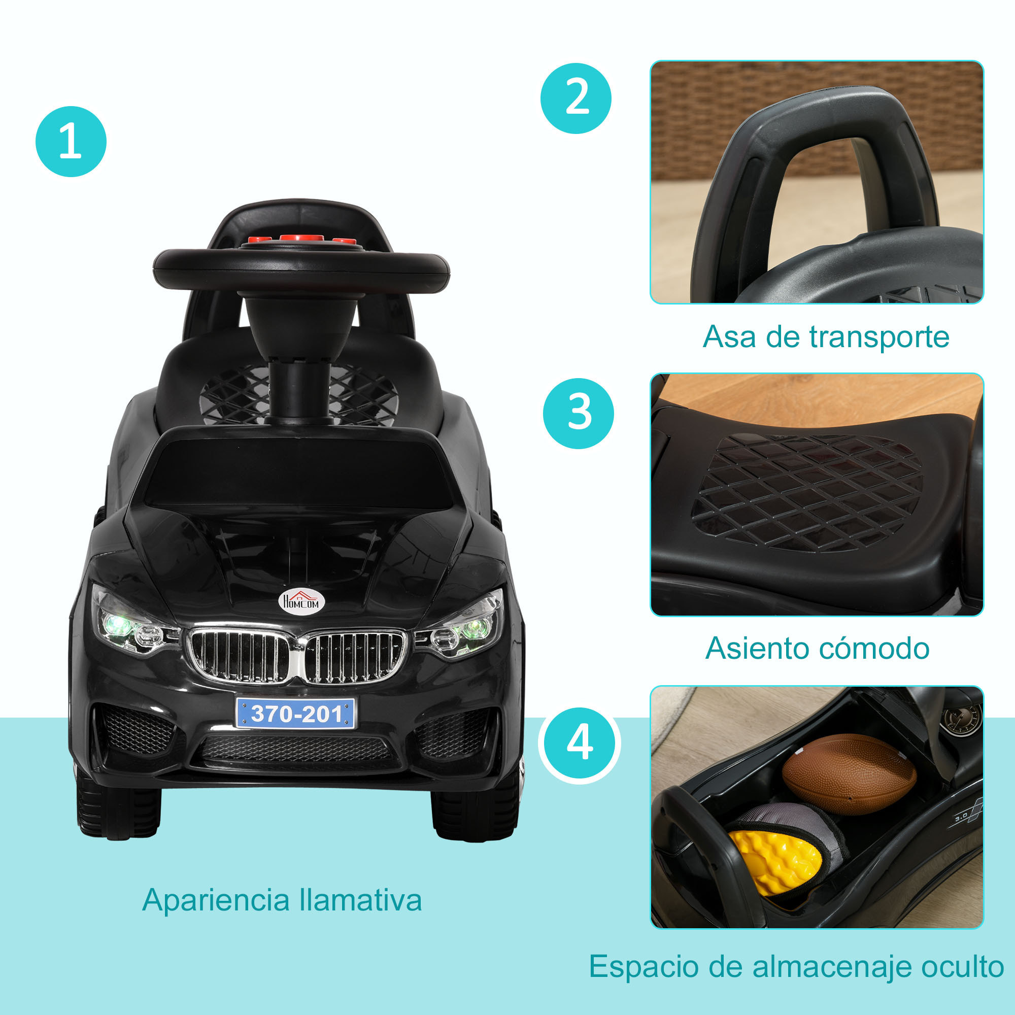 Coche Correpasillos para Niños de 18-36 Meses Andador Correpasillos con Faros Música Bocina Volante Espacio de Almacenaje y Asa para Empujar 63,5x28x36 cm Negro