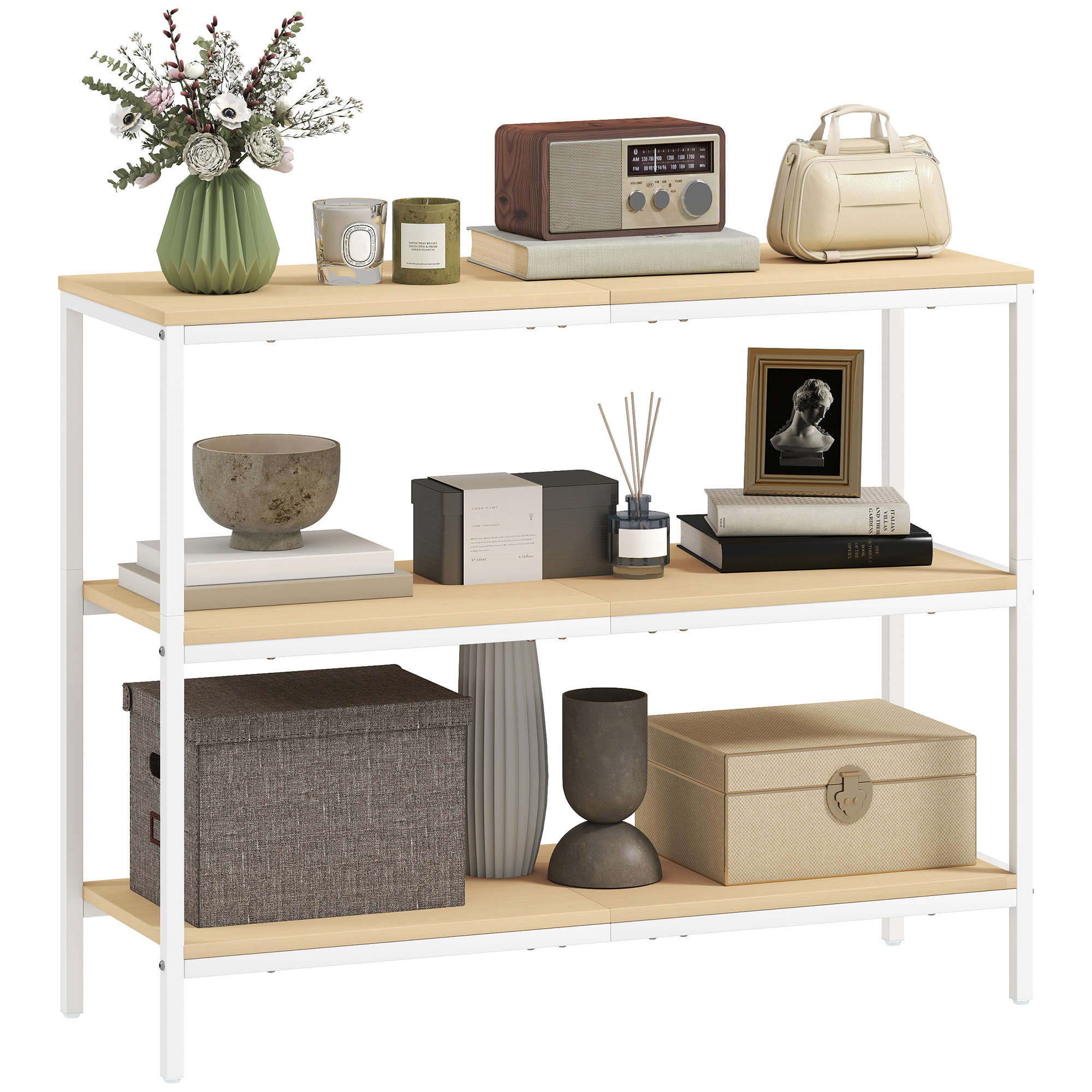 Mesa de Consola Estrecha Consola de Recibidor Mesa de Recibidor Moderna con 3 Estantes Abiertos y Patas de Metal para Pasillo Entrada Salón Dormitorio Natural y Blanco