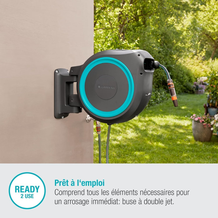 Dévidoir automatique mural RollUp M/L 25m - Liseré bleu - GARDENA - 18620-20