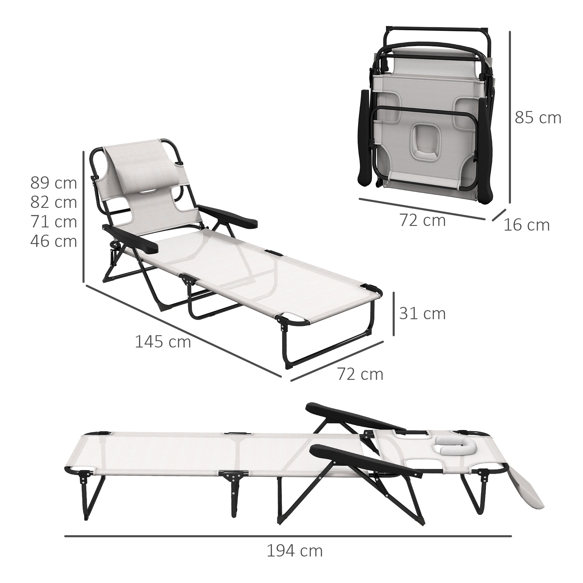 Outsunny Tumbona Plegable Tumbona de Jardín con Respaldo Ajustable en 4 Niveles Orificio de Lectura y Reposacabezas para Terraza Piscina 194x72x31 cm Crema