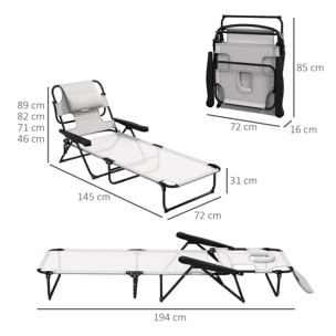 Outsunny Tumbona Plegable Tumbona de Jardín con Respaldo Ajustable en 4 Niveles Orificio de Lectura y Reposacabezas para Terraza Piscina 194x72x31 cm Crema