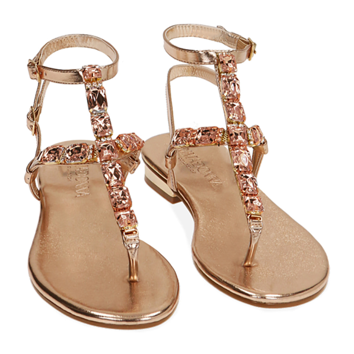 Sandalias planas con pedreria de oro rosa
