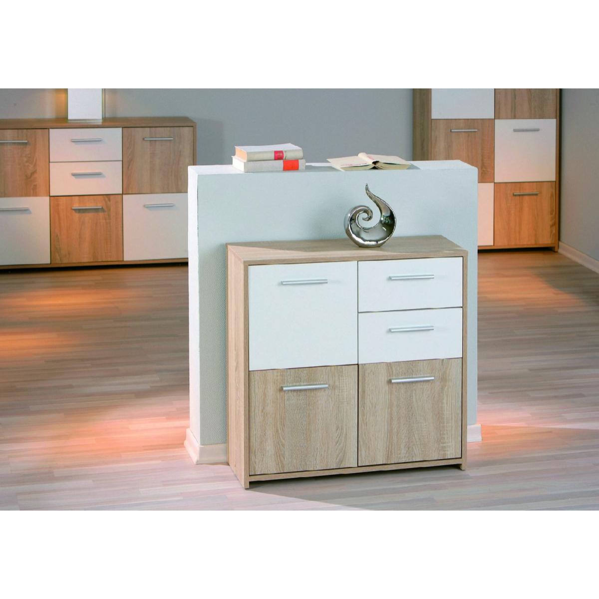 Credenza a tre ante e due cassetti, colore bianco e rovere, Misure 77 x 77 x 30 cm