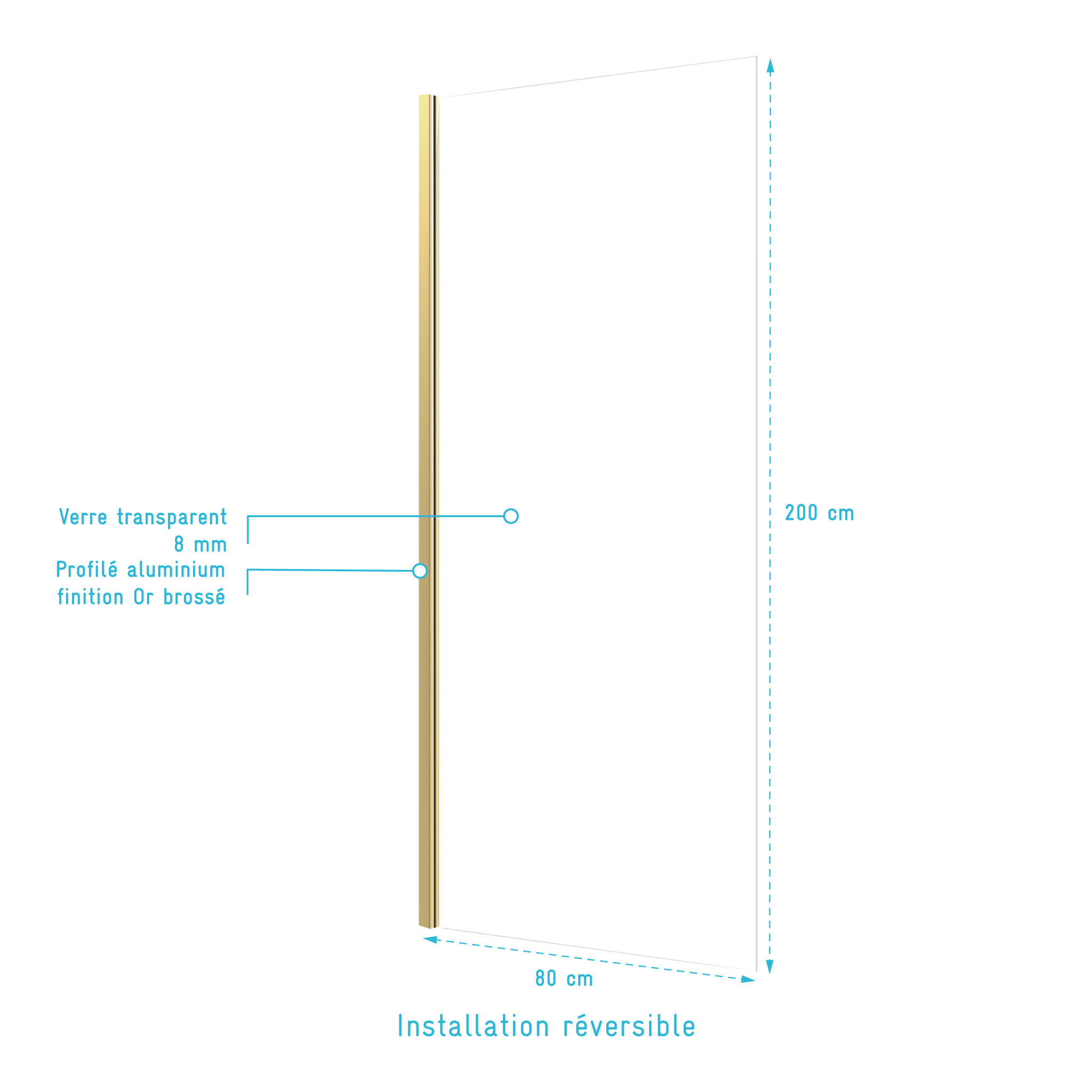 Paroi de douche à l'italienne 80x200 cm verre trempé 8 mm - Finition Or Doré Brossé - FREEDOM 2 GOLD