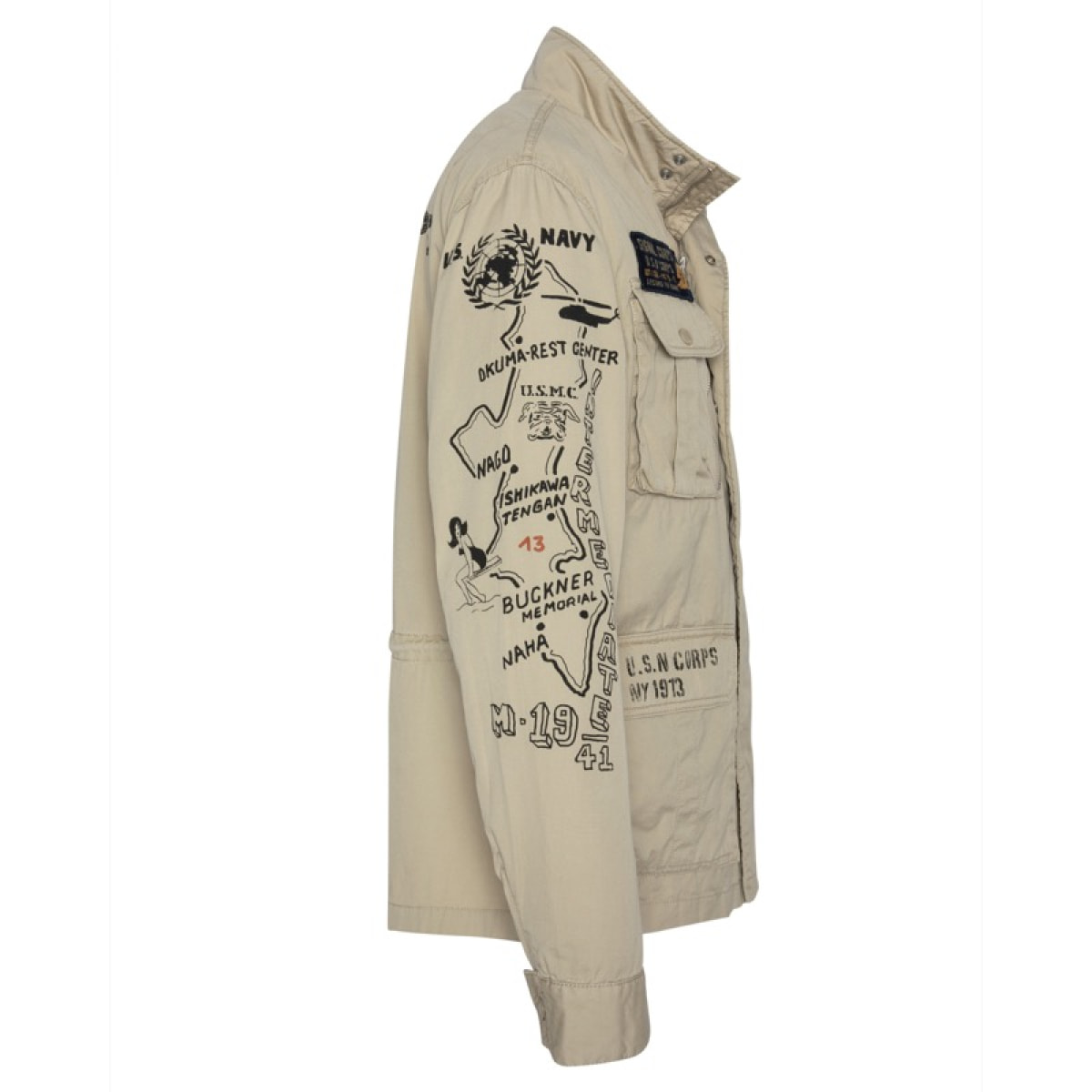 M-1941 ARMY M-65 ZIPPERED JACKET WITH  PRINTS & BADGES 100% COTTON Beige