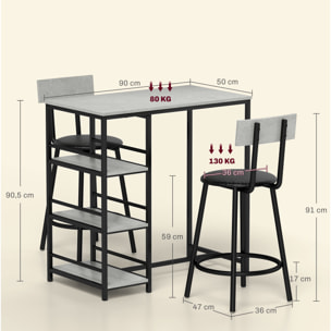 Conjunto de Mesa Alta de Bar con 2 Taburetes Mesa Alta de Cocina con Taburetes Estantes Laterales Asiento Acolchado y Barra para Descanso de Pies para Comedor Gris Oscuro