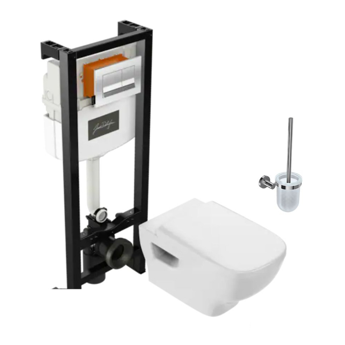 Pack WC suspendu sans bride Struktura + abattant + plaque chromée + bâti + Porte-balai Eo rond