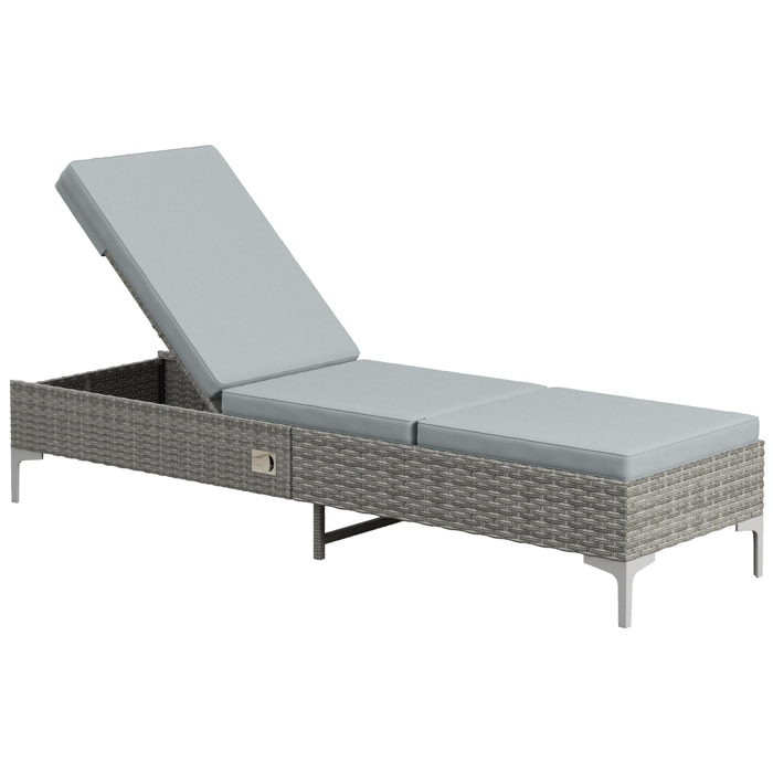 Tumbona de Ratán Reclinable Tumbona de Jardín con Respaldo Ajustable Cojín Extraíble y Lavable Carga 160 kg para Patio Terraza 202x61x29-98 cm Gris y Marrón