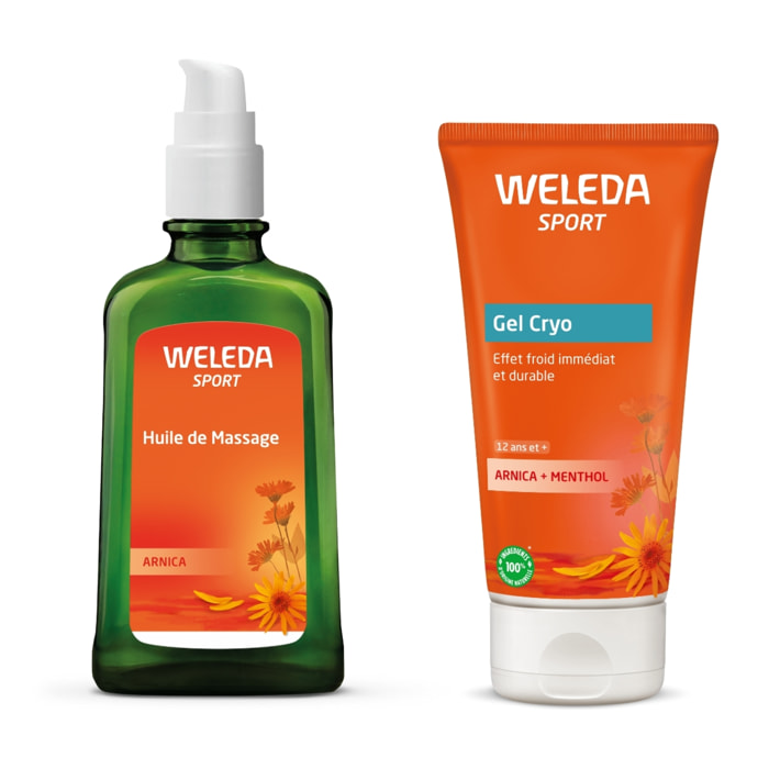 WELEDA - Duo Huile de Massage Arnica + Gel Cryo Arnica - Préparation et récupération sportive - Vegan* - Certifié Natrue** - Flacon verre pompe 100ml + Tube 100ml