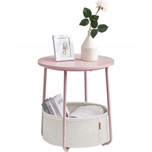 Tavolino rotondo moderno rosa pastello con cesto portaoggetti