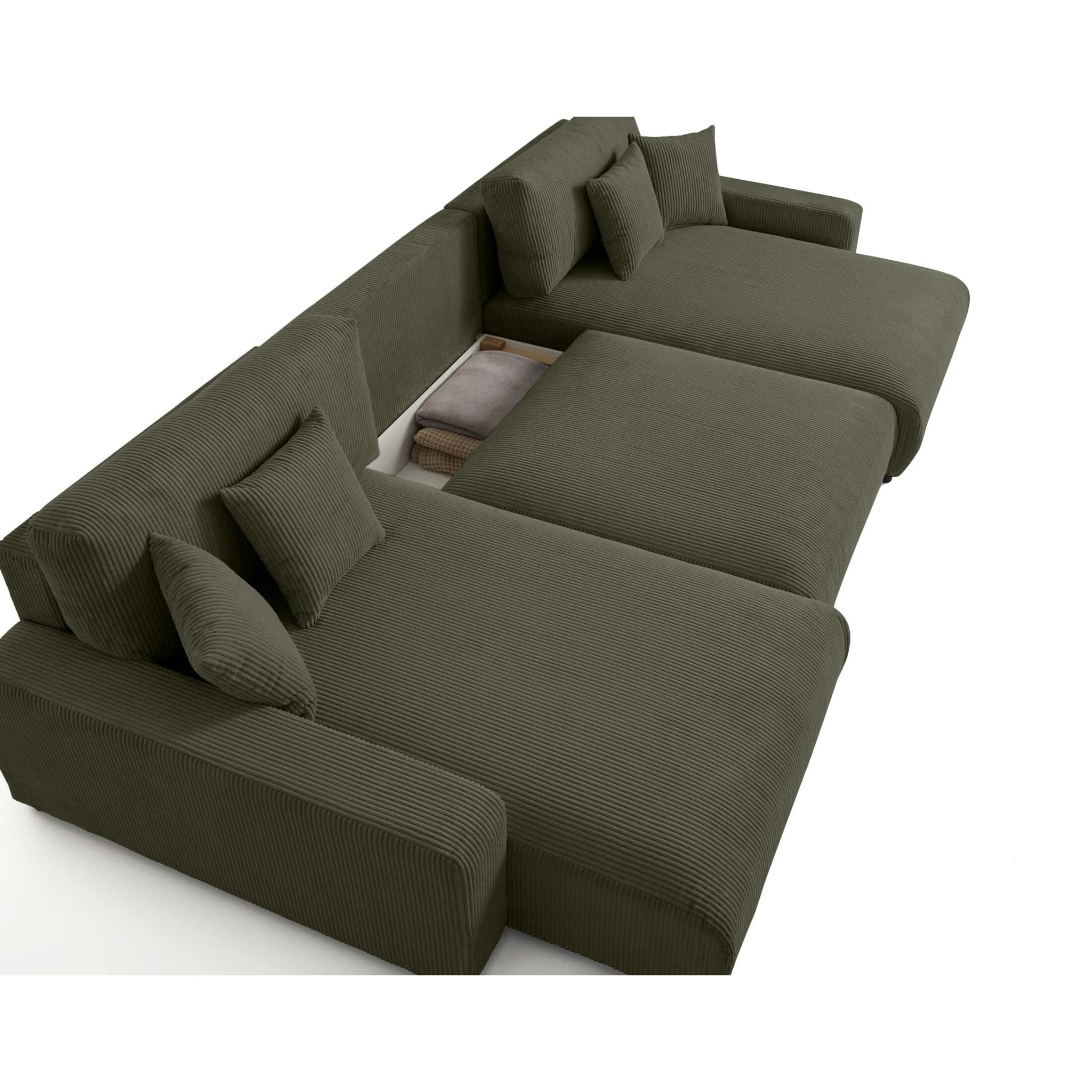 Pivoine - canapé panoramique en U - 7 places - convertible avec coffre - en velours côtelé - Vert