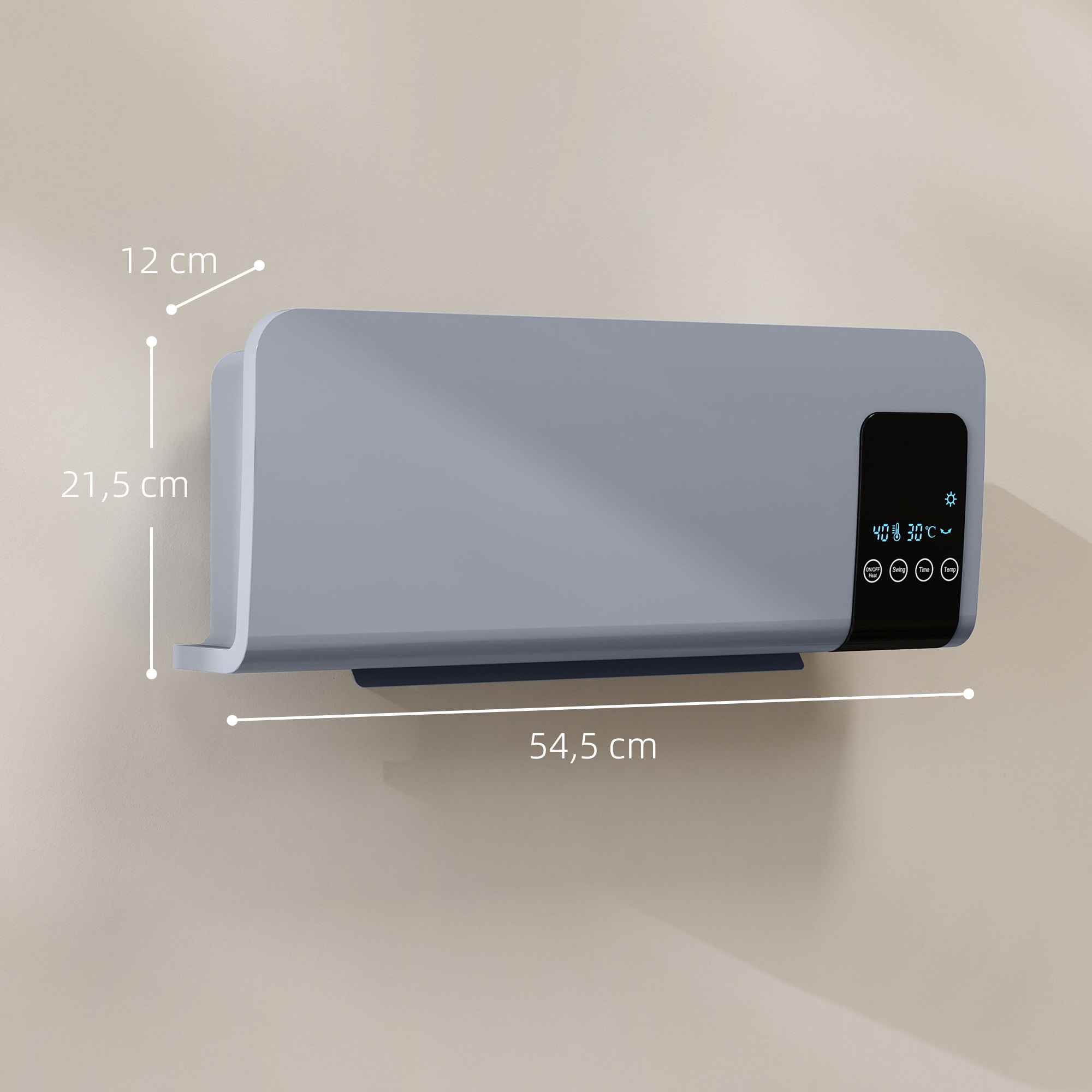 Calefactor Eléctrico Bajo Consumo, 1000W/2000W, Calefactor de Baño de Pared con Función de Oscilación, Pantalla LED, Protección contra Sobrecalentamiento, Temporizador, Mando a Distancia, Gris