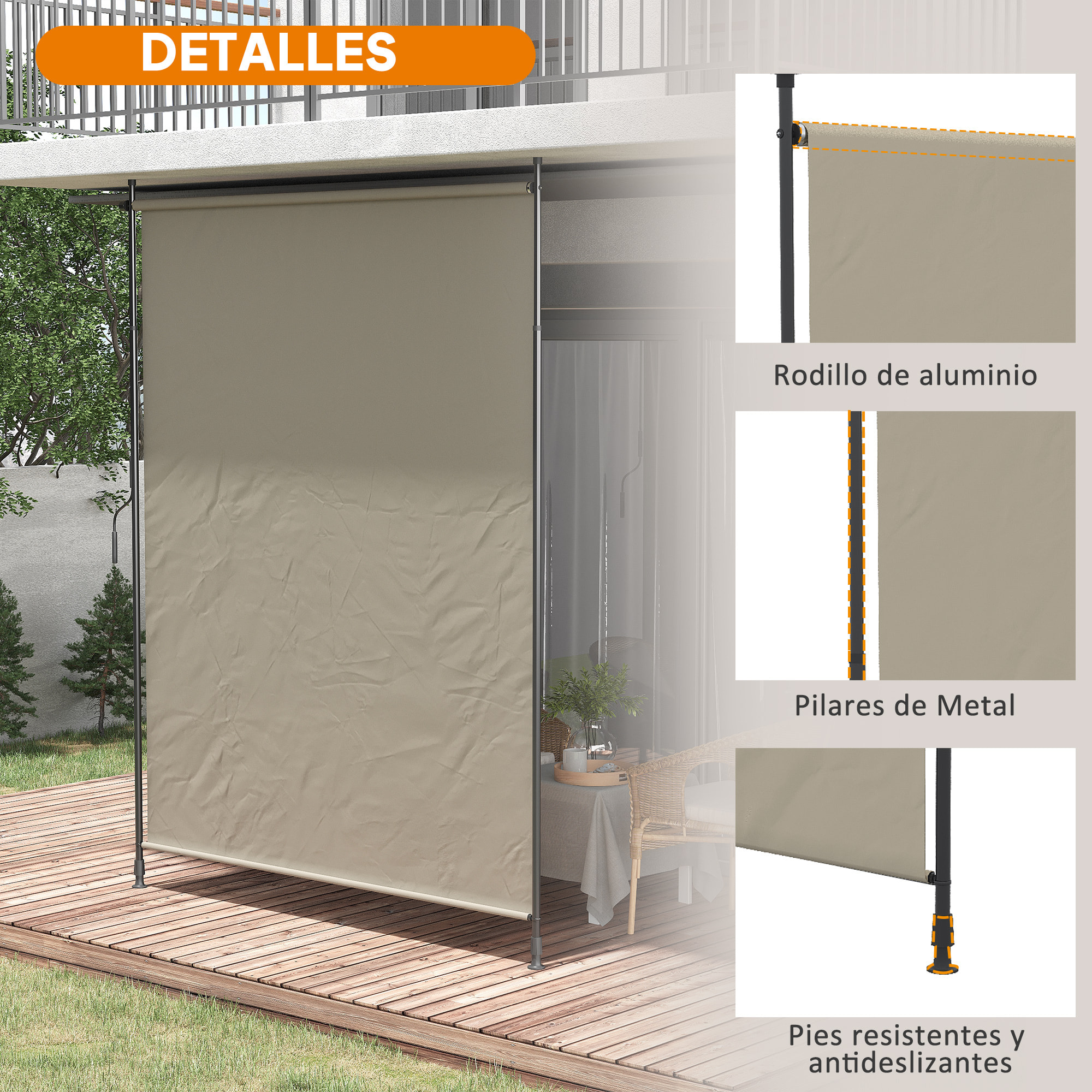 Toldo Vertical Exterior 200x305 cm, Pantalla de Privacidad Enrollable, Toldo Lateral Ajustable con Manivela, Protección UV 40+ e Impermeable, Sin Taladro, para Balcón, Jardín, Arena