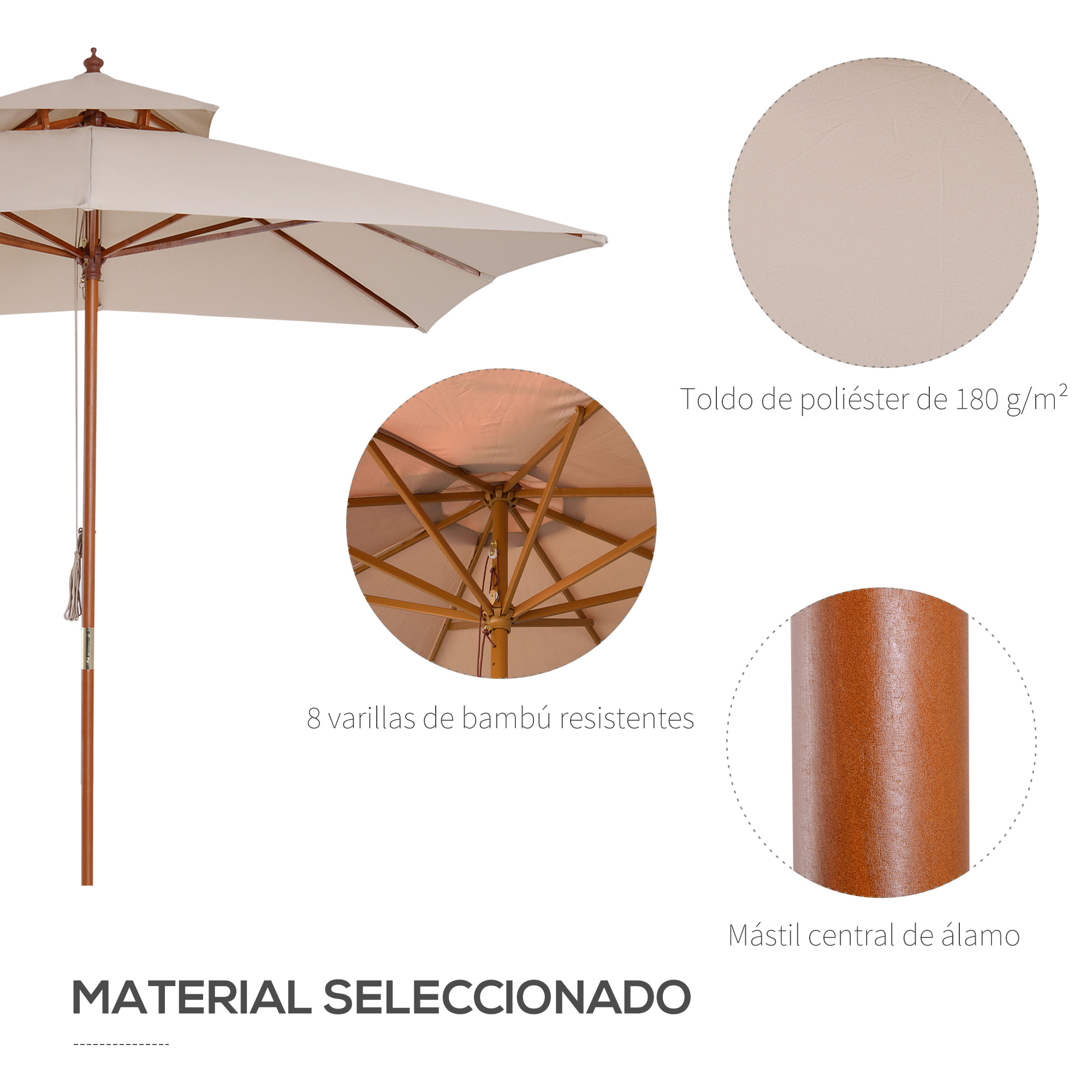 Sombrilla Doble Techo Mástil de 48mm de Bambú 3x3m Crema